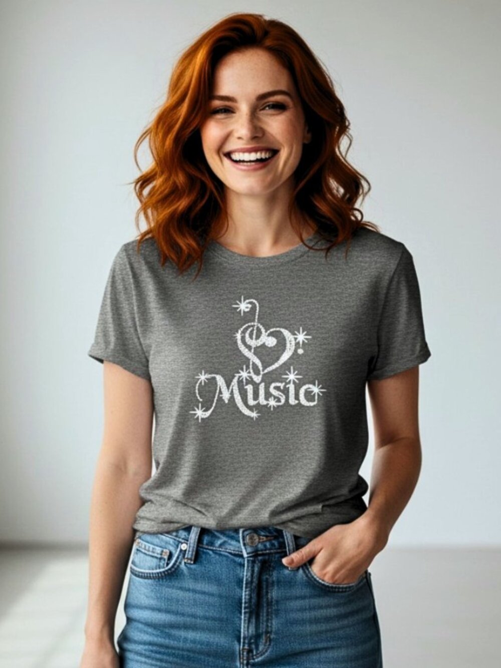 Music Lover Shirt Womens XL Gray Treble Clef Heart Sparkle Graphic Tee